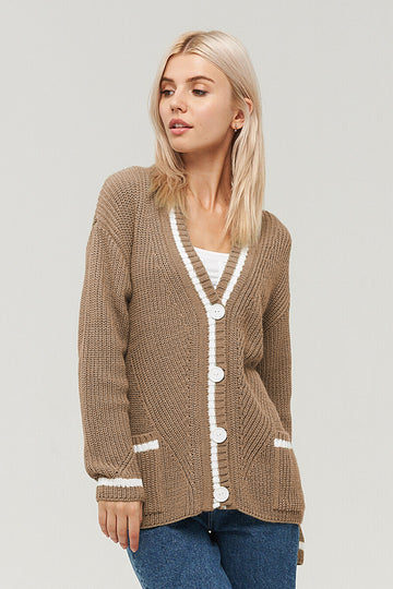 Woochic pull cardigan tricoté col en v manches longues avec poches kaqi S